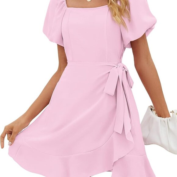 Brand New Women's Summer Dresses Square Neck Puff Sleeve Tie Waist Short Dress i - Picture 1 of 4